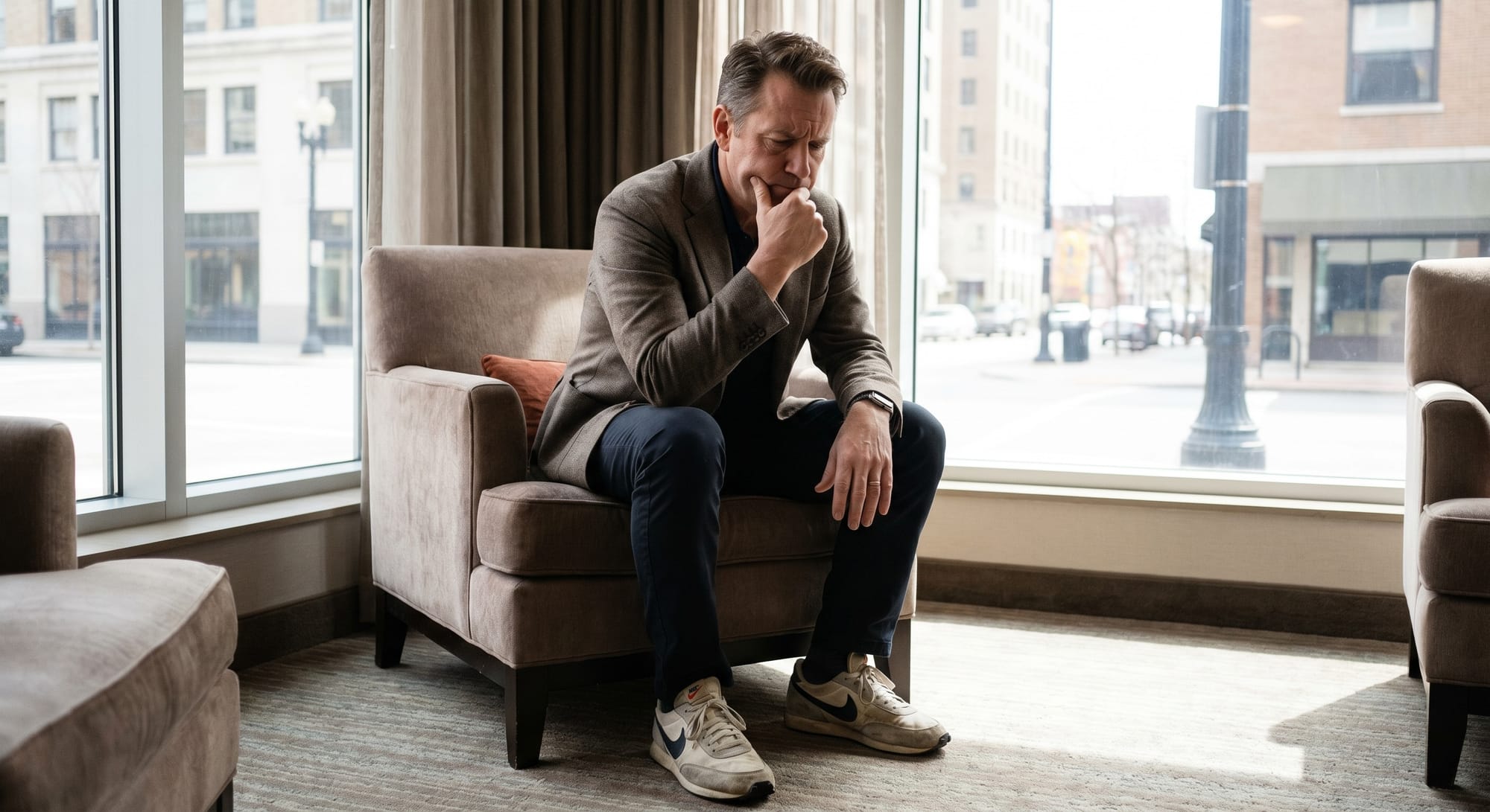 Man in grijs colbert en Nike-sneakers zit peinzend op beige fauteuil voor groot raam met stadsgezicht.