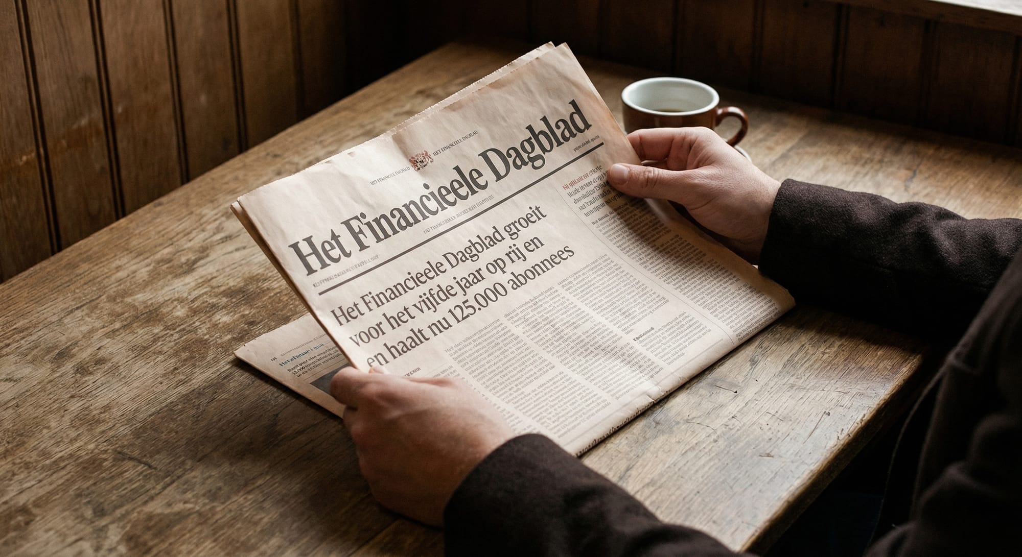Handen houden krant Het Financieele Dagblad vast op houten tafel, met koffiemok op achtergrond
