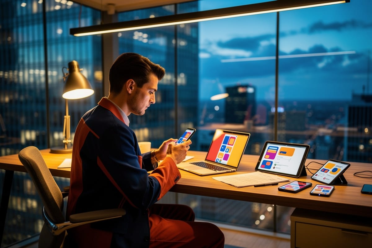 Man in pak achter bureau met laptop, tablets en smartphones in moderne kantooromgeving bij avond