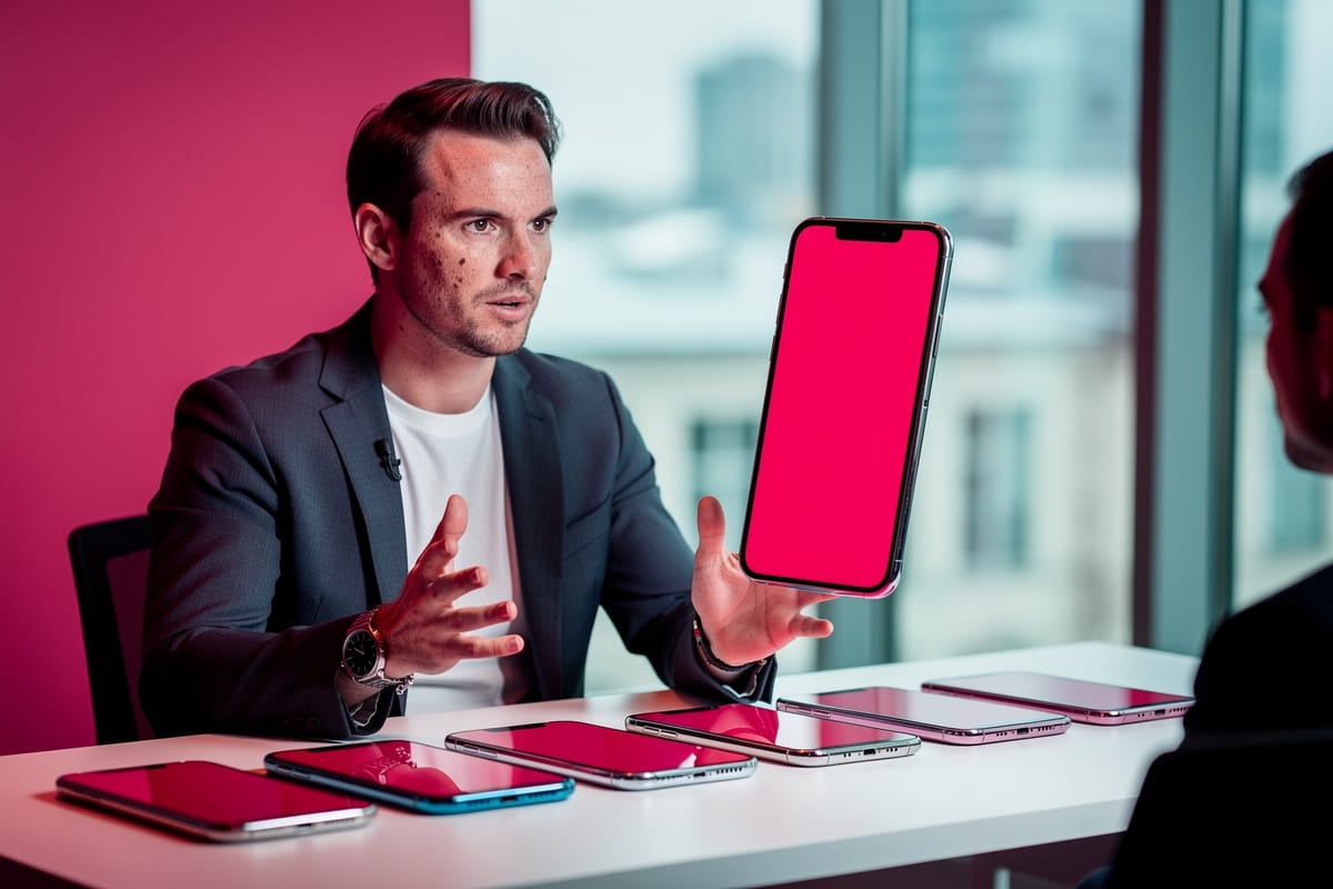 Man in pak toont smartphone met rood scherm aan gesprekspartner, meerdere telefoons liggen op tafel
