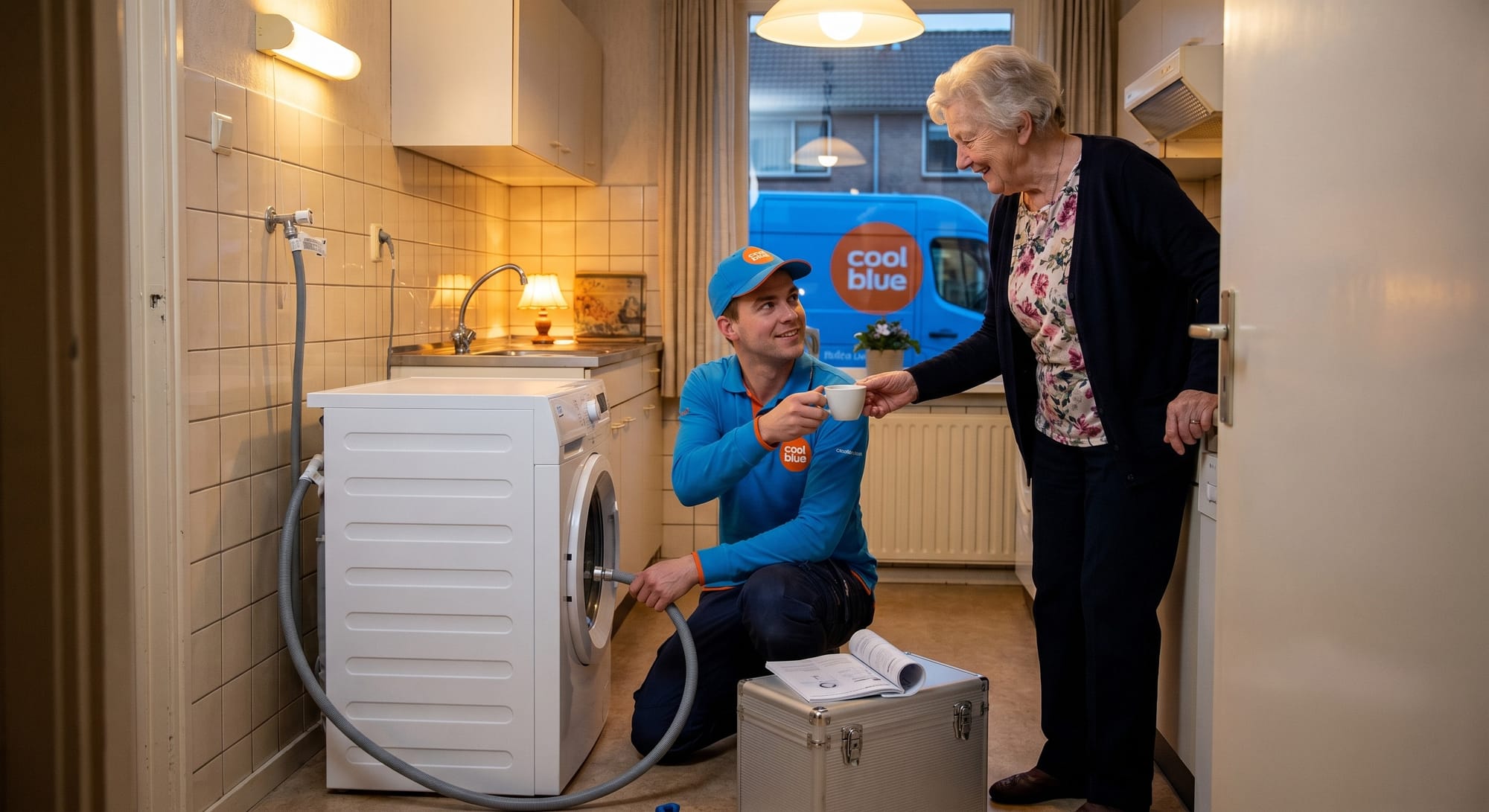 Coolblue-monteur in blauw uniform drinkt koffie met oudere vrouw in keuken bij wasmachine