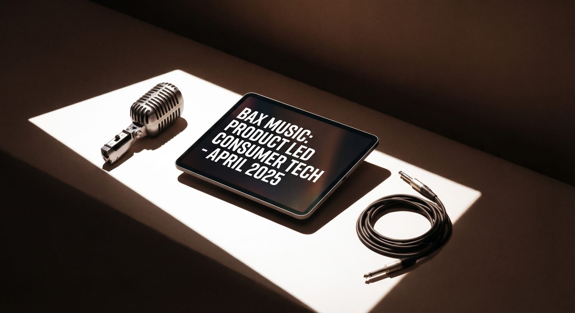 Vintage microfoon, tablet met tekst over Bax Music en audiosnoer op verlicht bureau