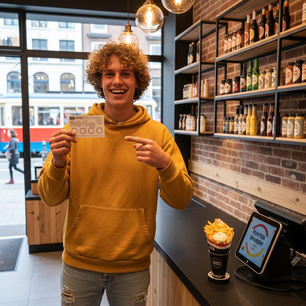Lachende jongeman in gele hoodie toont stempelkaart bij toonbank, friet met saus voor hem, flessenrek op achtergrond
