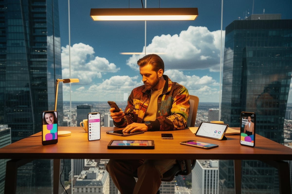 Man in kleurrijk jasje aan bureau met meerdere smartphones en tablets, kantoor met glazen wand en stadsgezicht