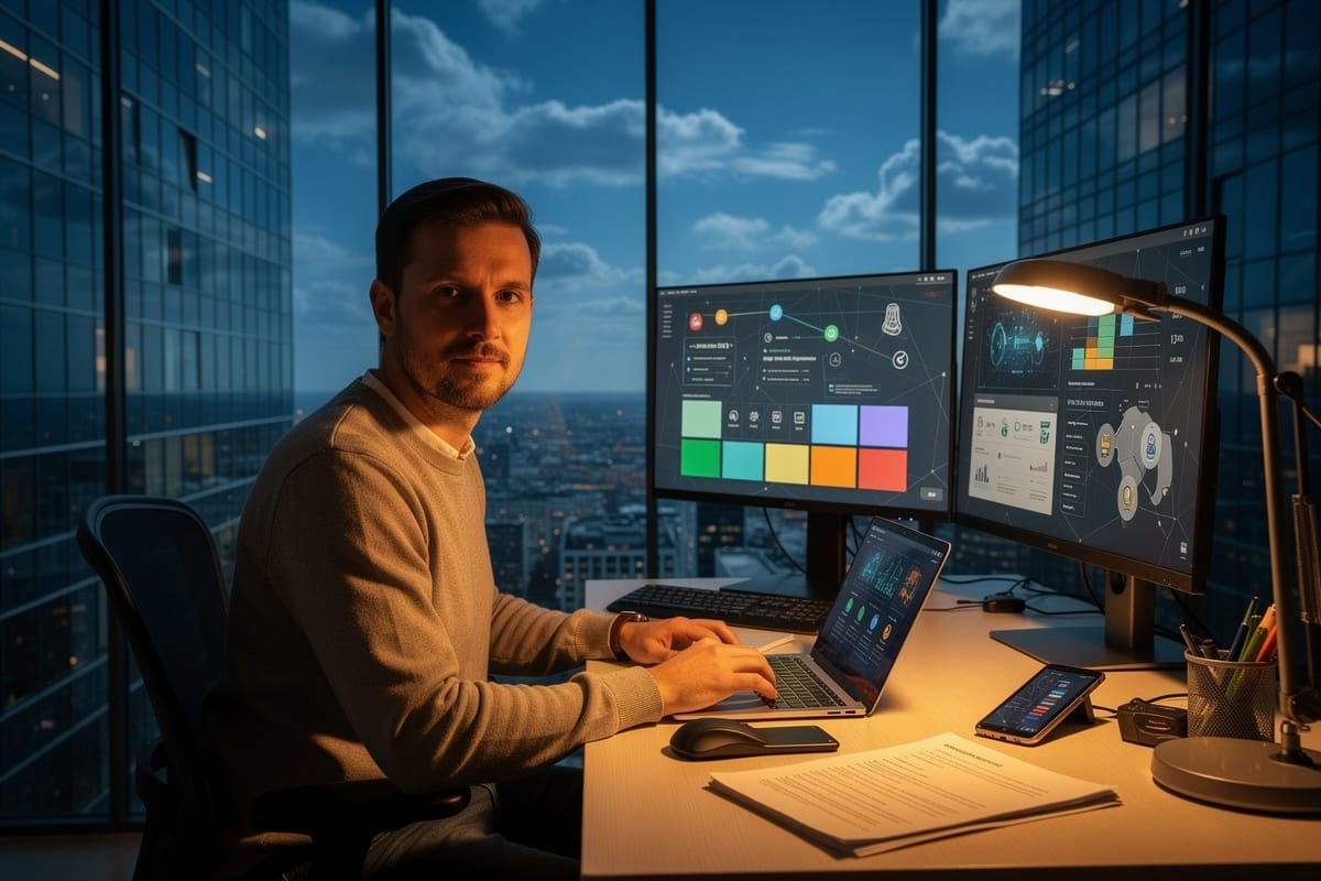 Man in beige trui werkt 's avonds op laptop met twee monitors, dashboards zichtbaar, stadsgezicht op achtergrond