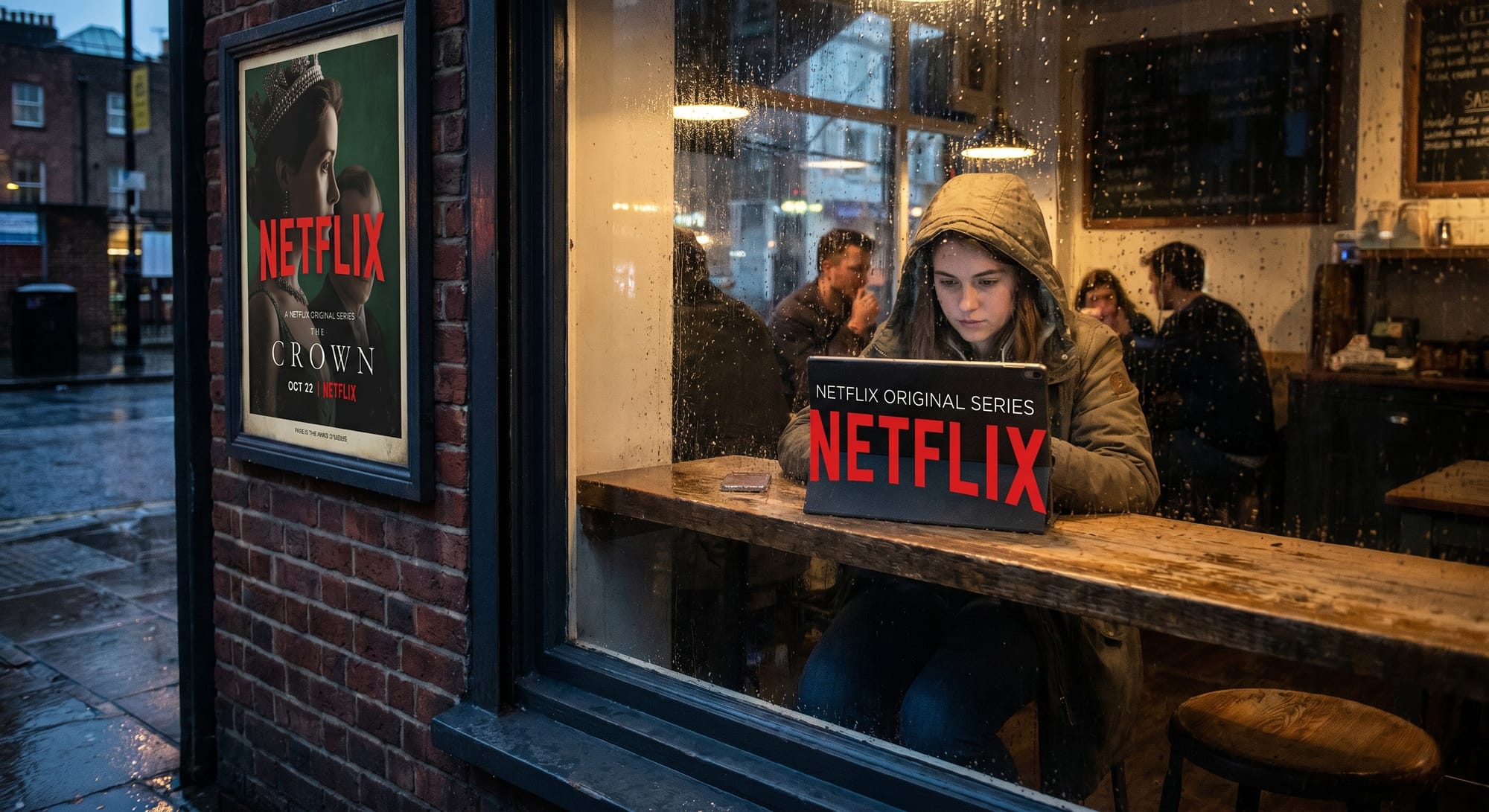 Persoon met capuchon bekijkt Netflix-logo op laptop in café, poster 'The Crown' zichtbaar buiten raam.