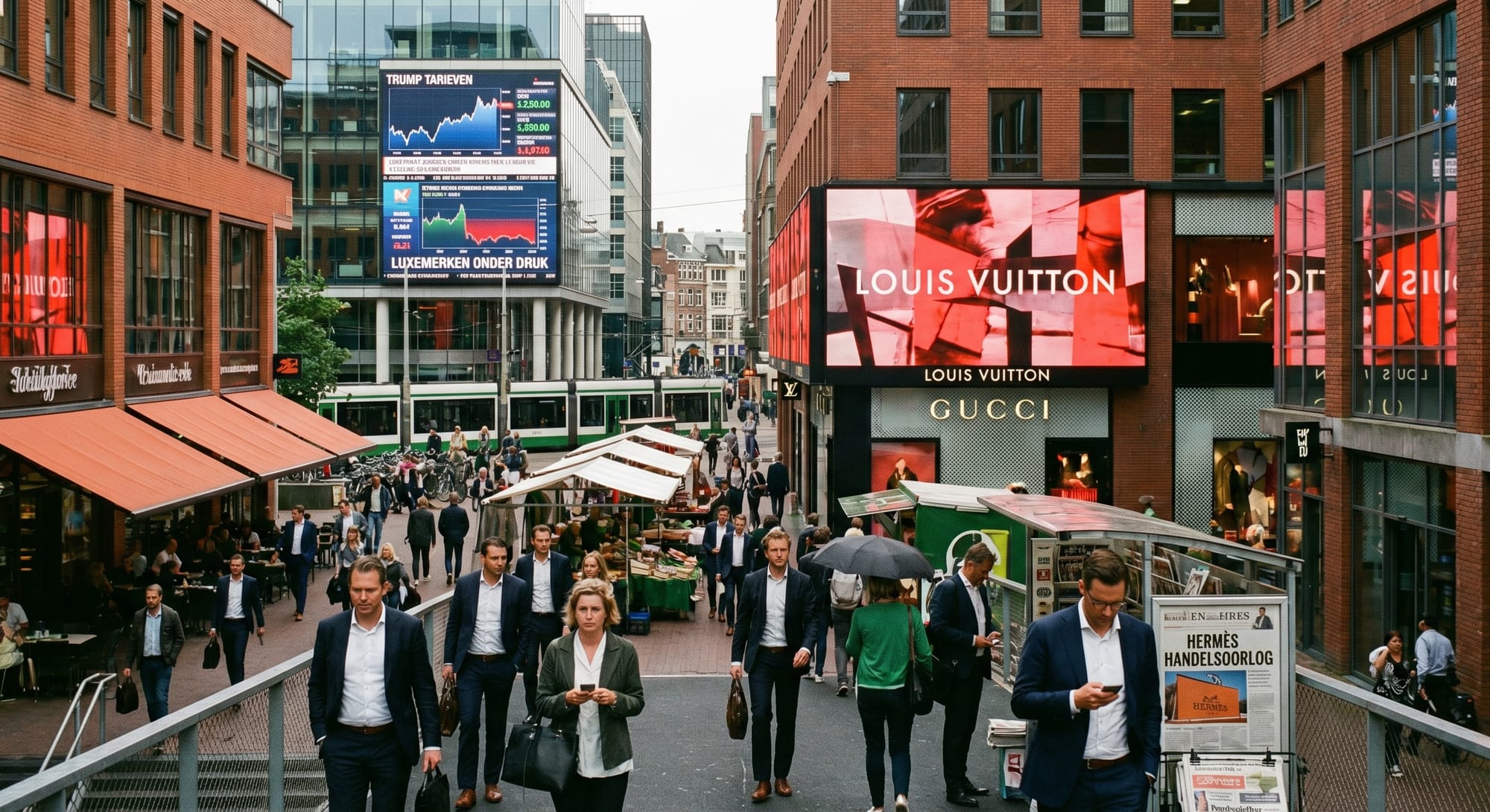 Zakenmensen lopen door straat met luxe-billboards; boven hen een beursscherm met dalende koersen en 'Trump Tarieven'.