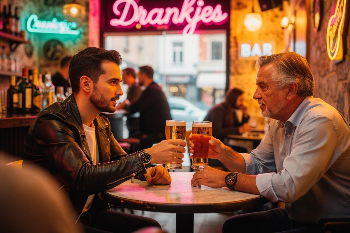 Twee mannen proosten met bierglazen aan kleine ronde tafel in bar met neonreclames.
