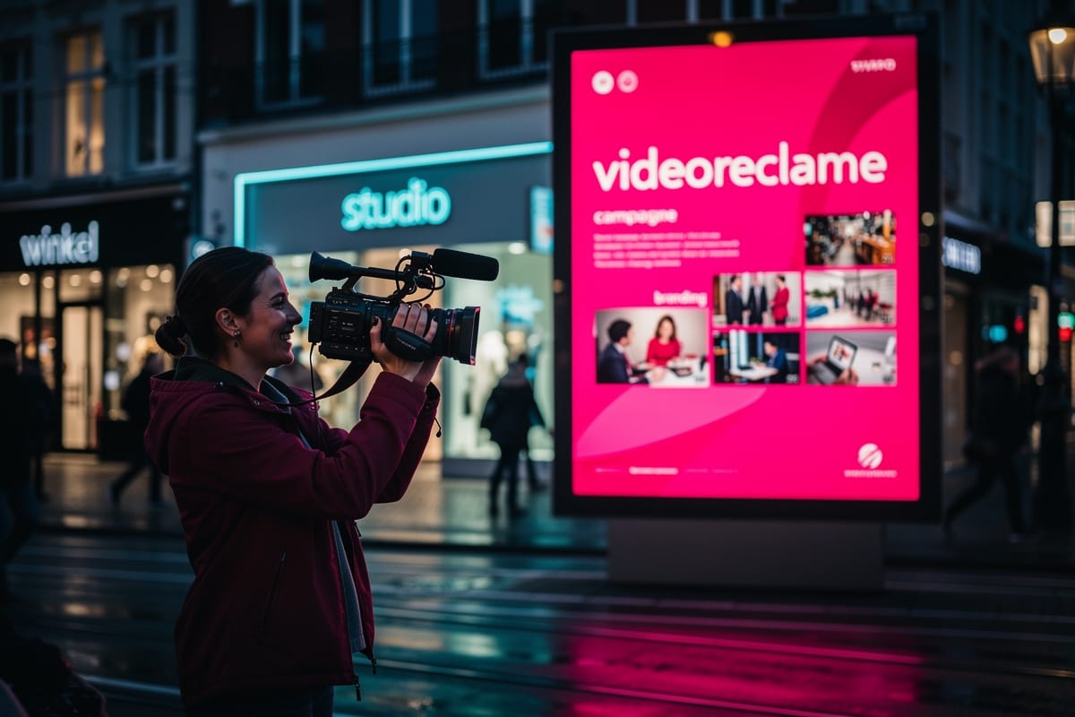 Vrouw filmt met professionele videocamera voor felroze reclamebord met tekst 'videoreclame' in winkelstraat