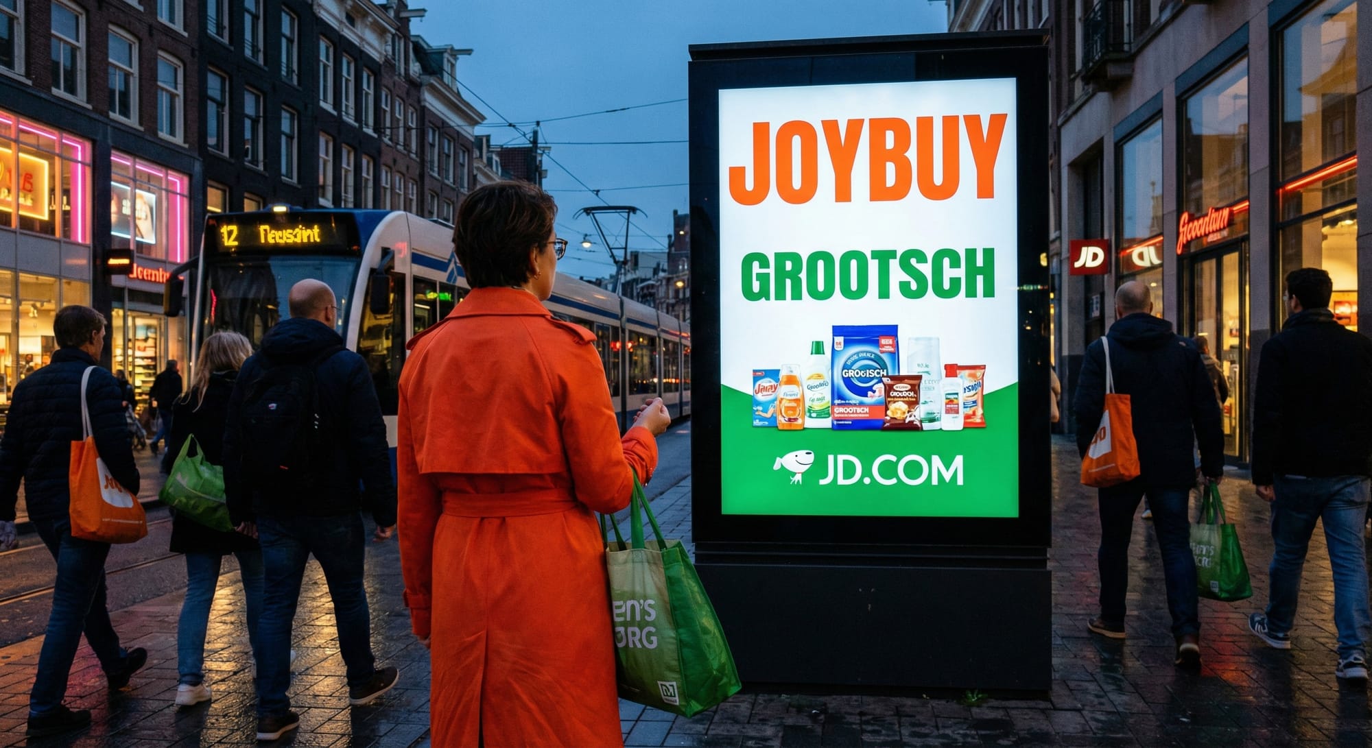 Vrouw in oranje jas bekijkt verlichte reclamezuil met Joybuy Grootsch advertentie op drukke winkelstraat bij avond