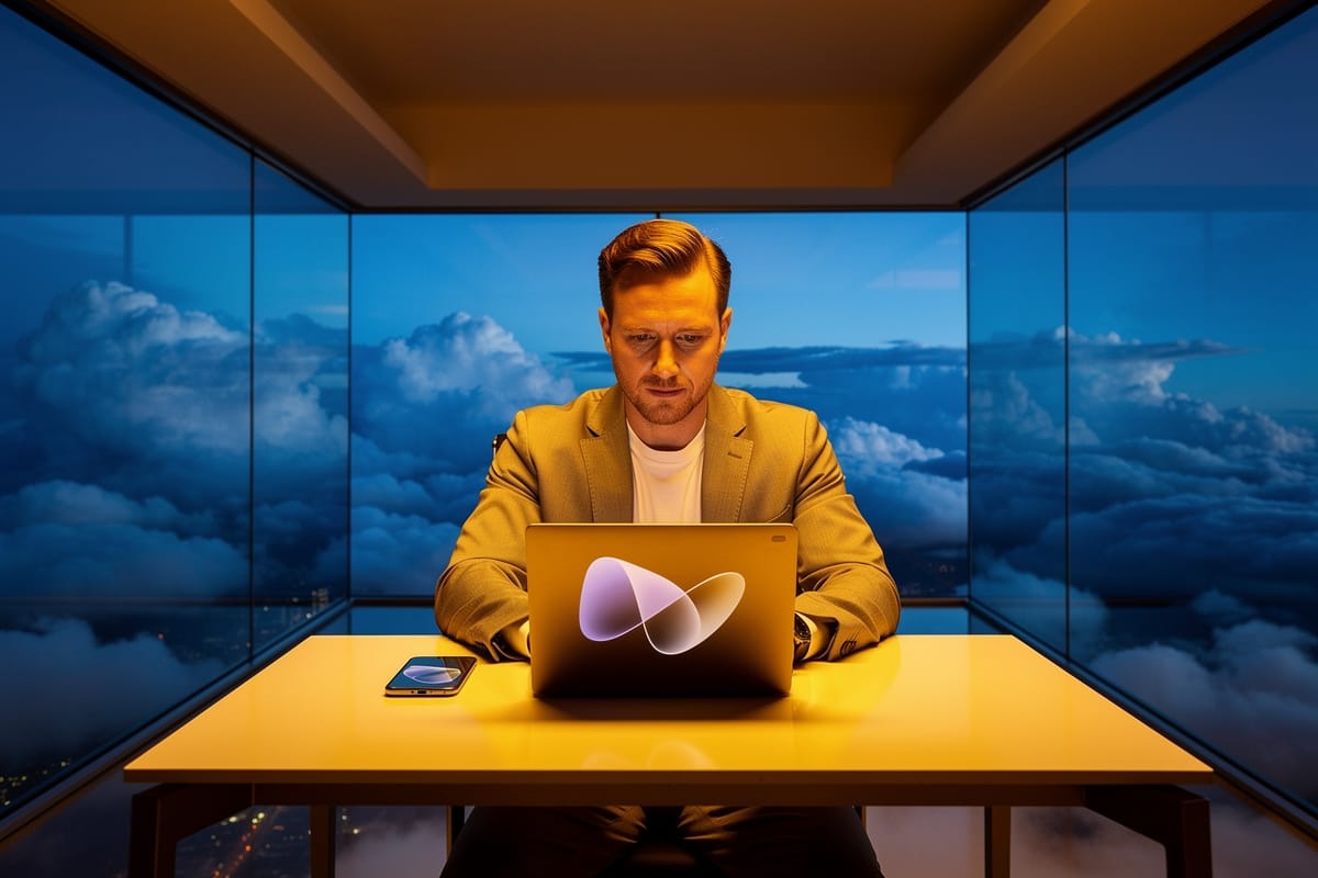 Man in geel pak werkt op laptop aan gele tafel in glazen kantoor boven wolken.