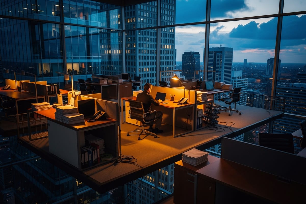 Persoon werkt alleen aan bureau in verlicht kantoor met grote ramen, skyline bij schemering zichtbaar