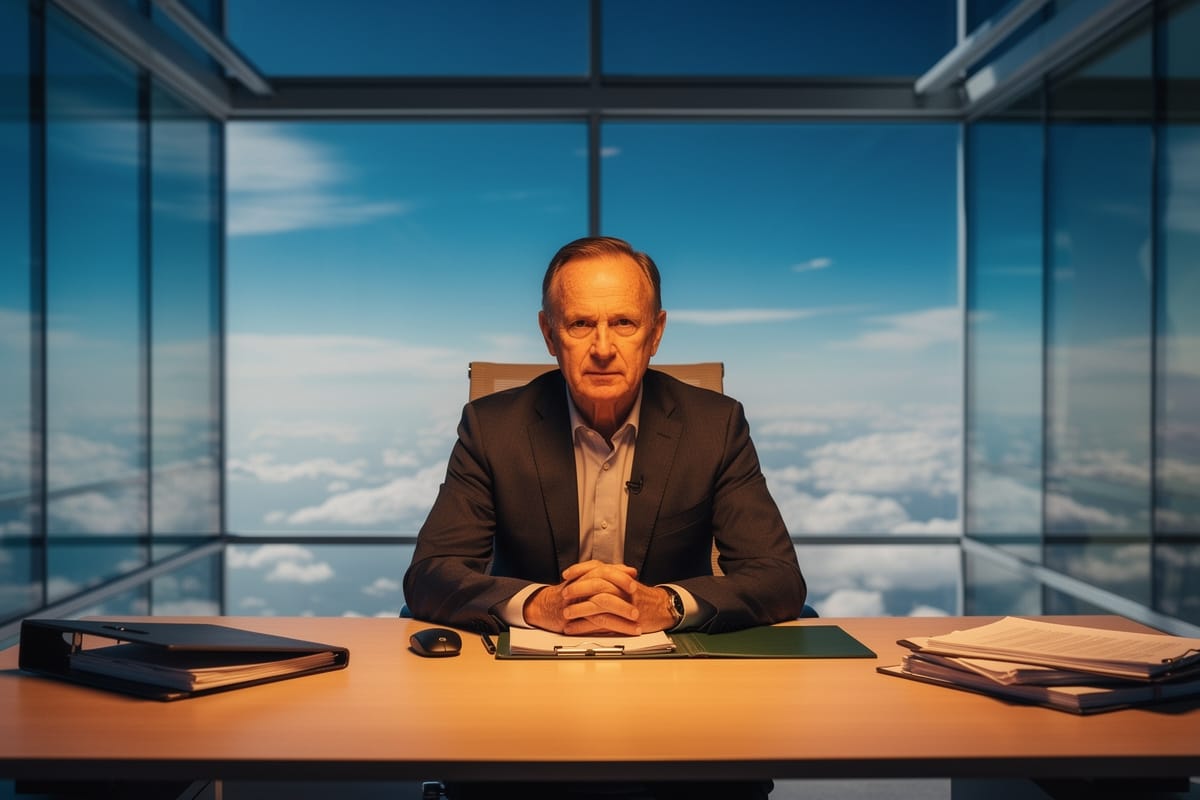 Oudere man in pak zit aan bureau met papieren, grote ramen met wolkenlucht op achtergrond