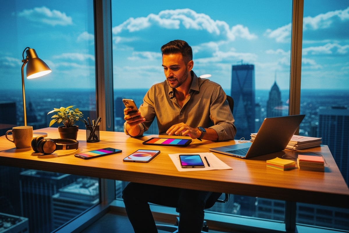 Man aan bureau met meerdere smartphones en tablets, kijkend naar telefoon bij raam met stadsgezicht.