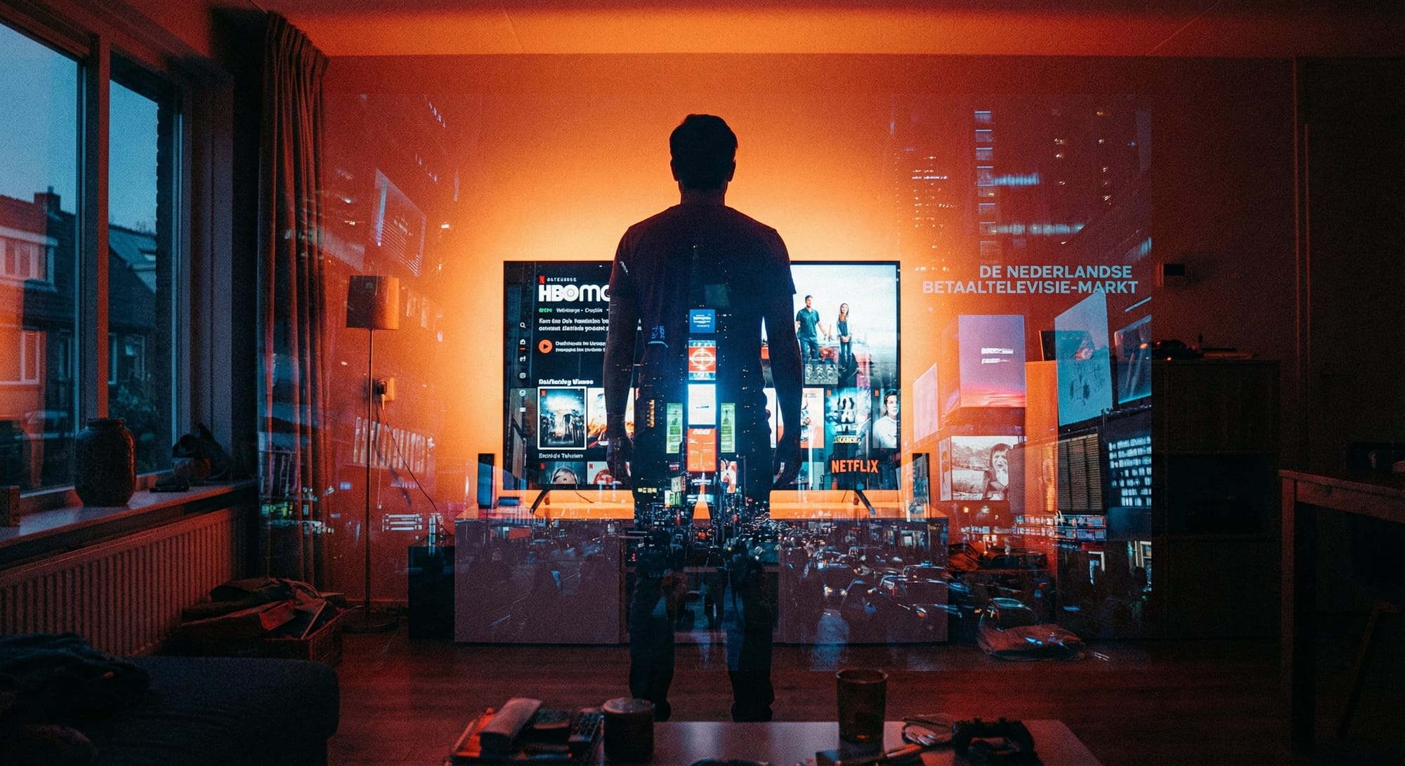 Silhouet van persoon voor twee schermen met HBO Max, Netflix en Times Square beelden in oranje verlichte kamer
