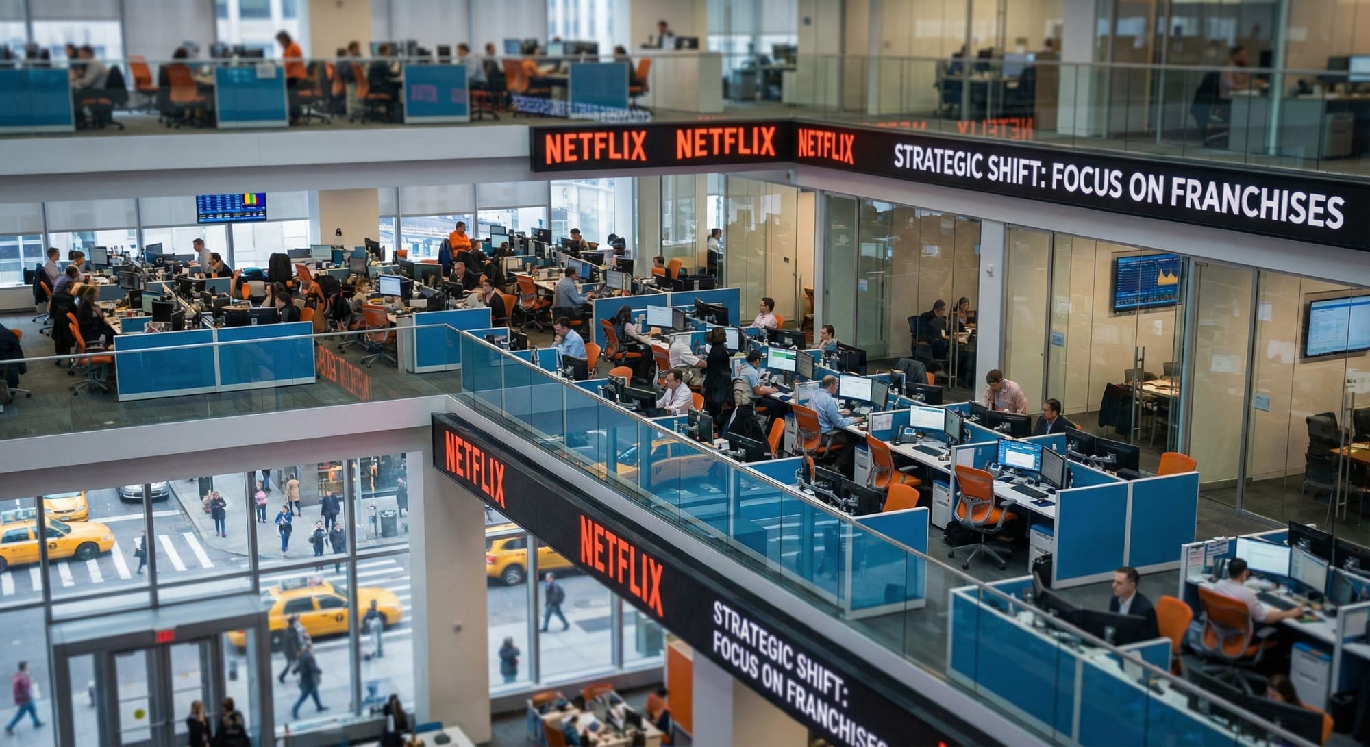 Druk kantoor met meerdere verdiepingen, werknemers aan bureaus met computers, digitale schermen tonen Netflix-logo en franchiseboodschap.