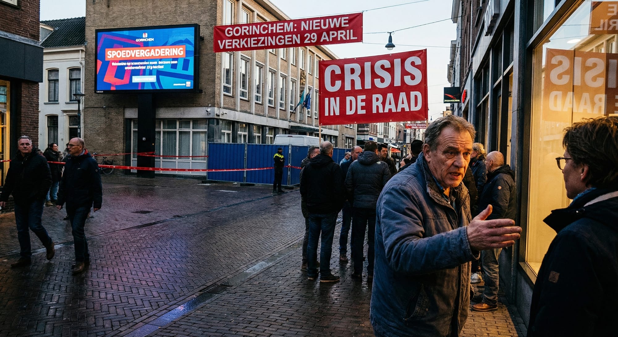 Straat in Gorinchem met rode spandoeken 'Crisis in de Raad' en 'Nieuwe verkiezingen 29 april', groep mensen op straat