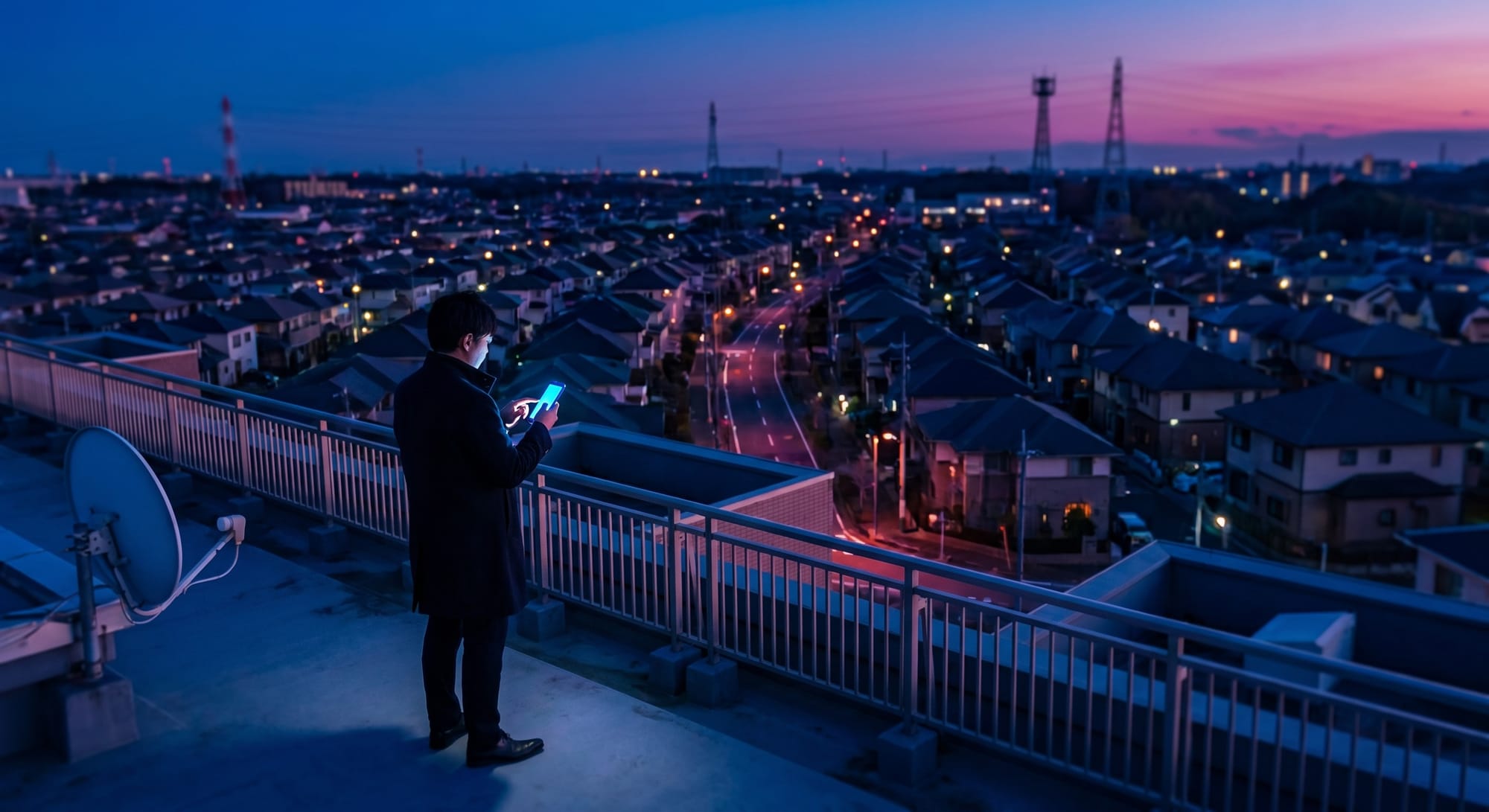 Persoon met verlicht tablet op dak bij zonsondergang, overziet stad met verlichte huizen en straten.