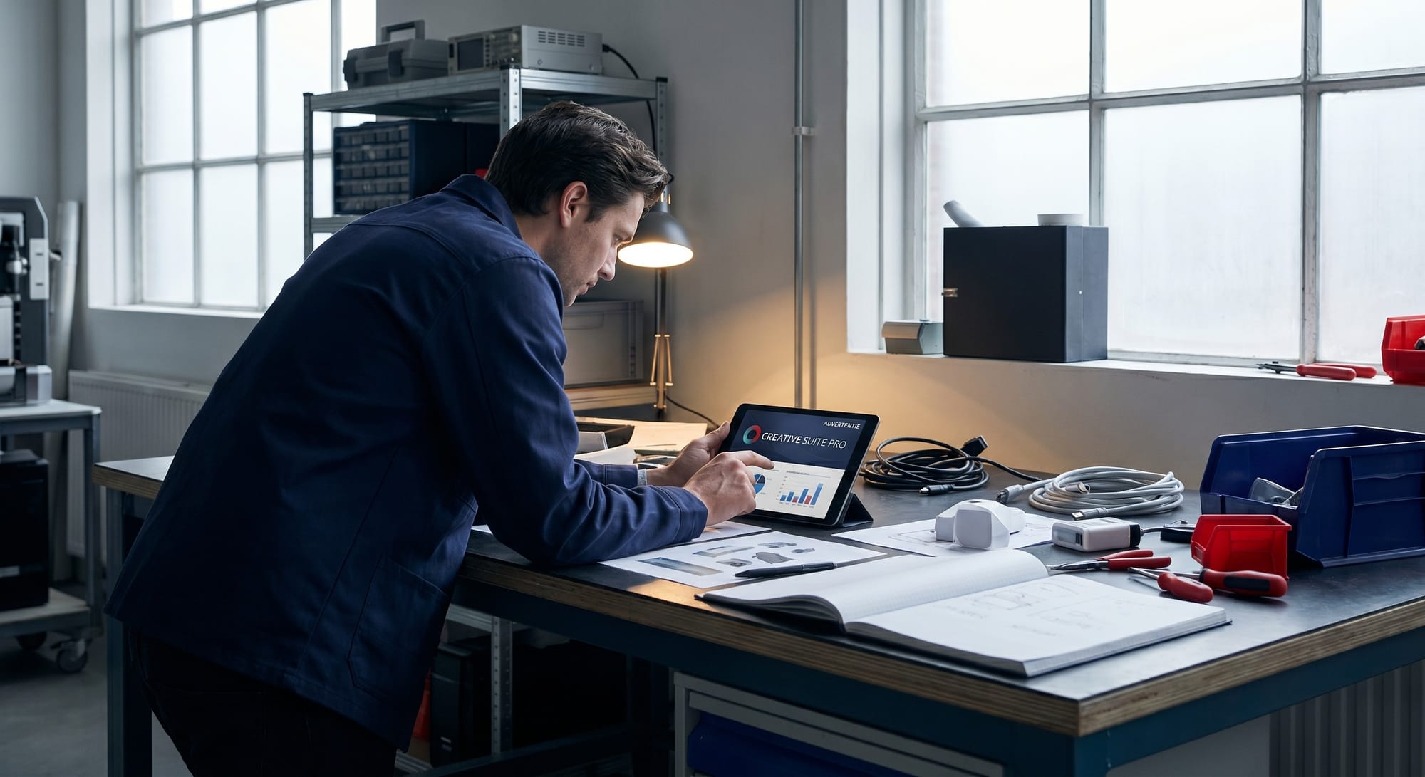 Man in donkerblauw pak bekijkt grafieken op tablet aan bureau met lamp en kantoorbenodigdheden bij raam