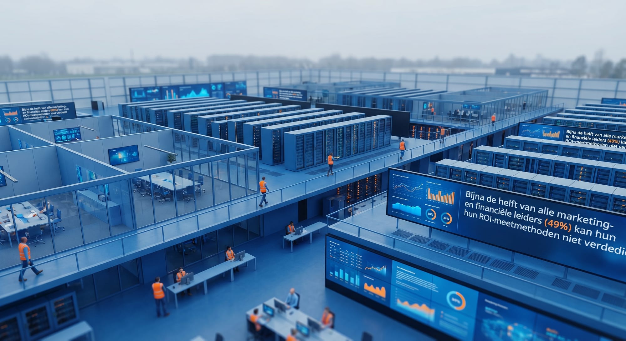 Moderne datacenterfaciliteit met blauwe servers, dashboards en medewerkers in oranje vesten op verschillende verdiepingen.