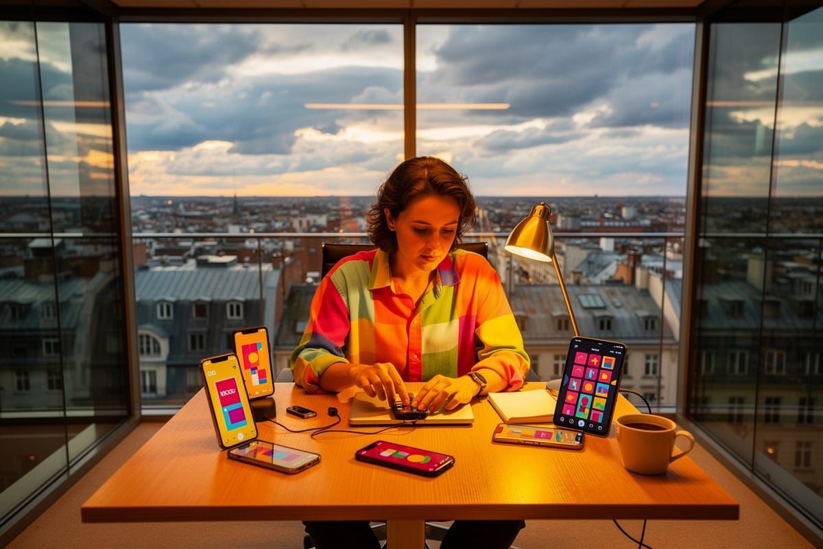 Vrouw in kleurrijk shirt werkt aan bureau met vijf smartphones, lamp en koffie, stadsgezicht op achtergrond