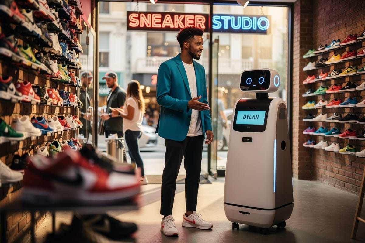 Man in teal colbert staat naast robot met gezichtsscherm en naamplaatje Dylan in sneakerwinkel met verlichte etalage