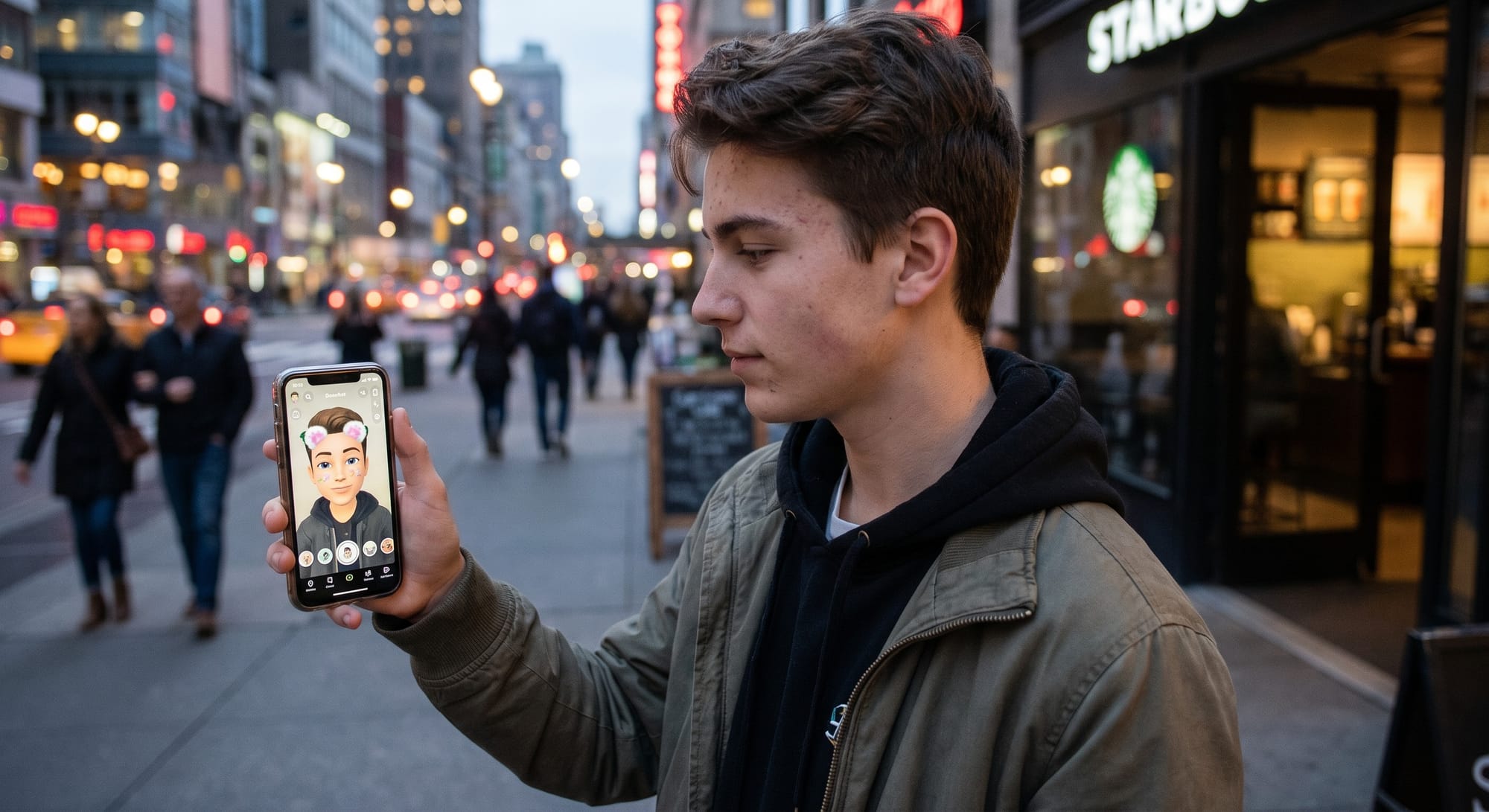 Jongeman op straat houdt smartphone met Snapchat-avatar voor zijn gezicht, stadsachtergrond met verlichting en voorbijgangers