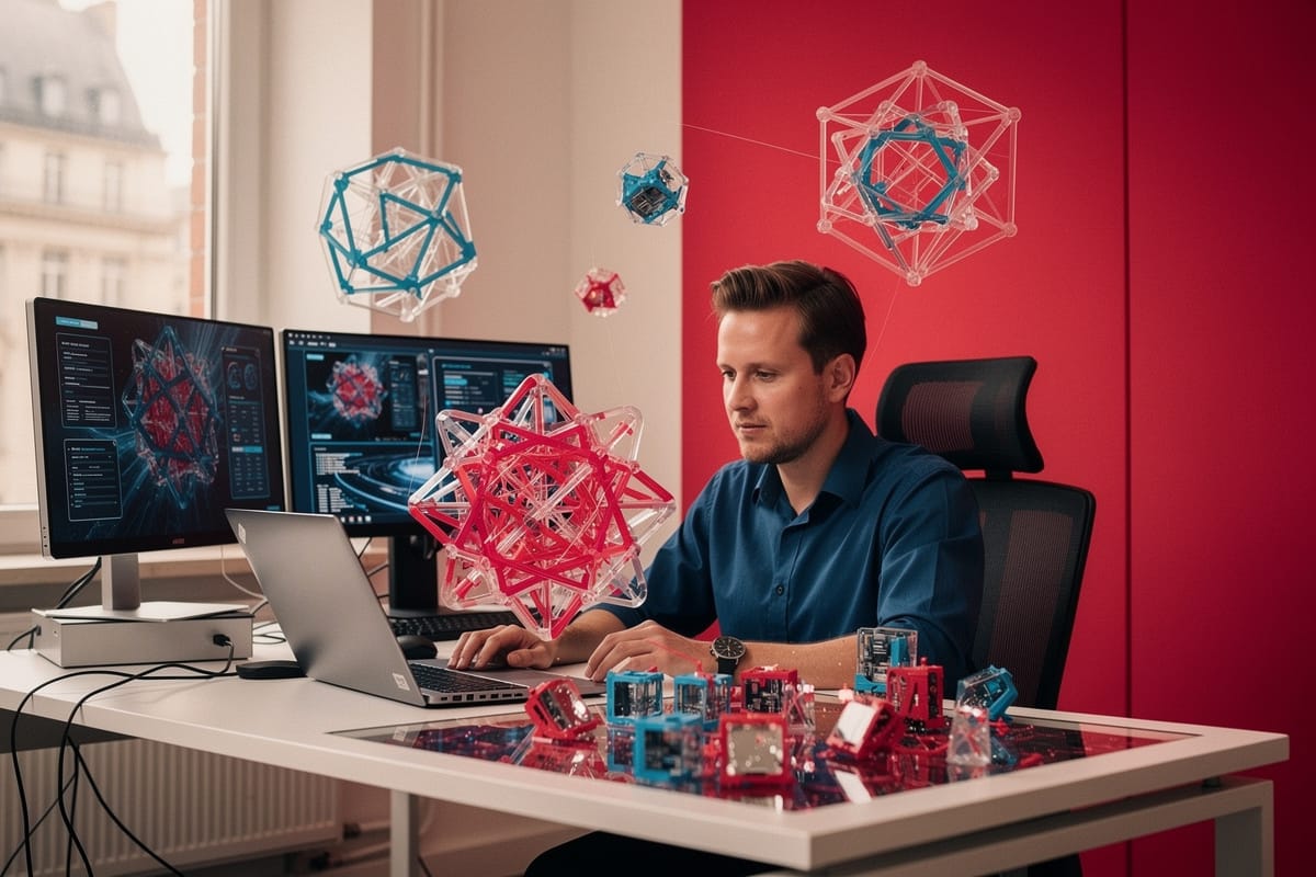 Man in blauw shirt werkt aan laptop met geometrische 3D-modellen op schermen en zwevend in de lucht.