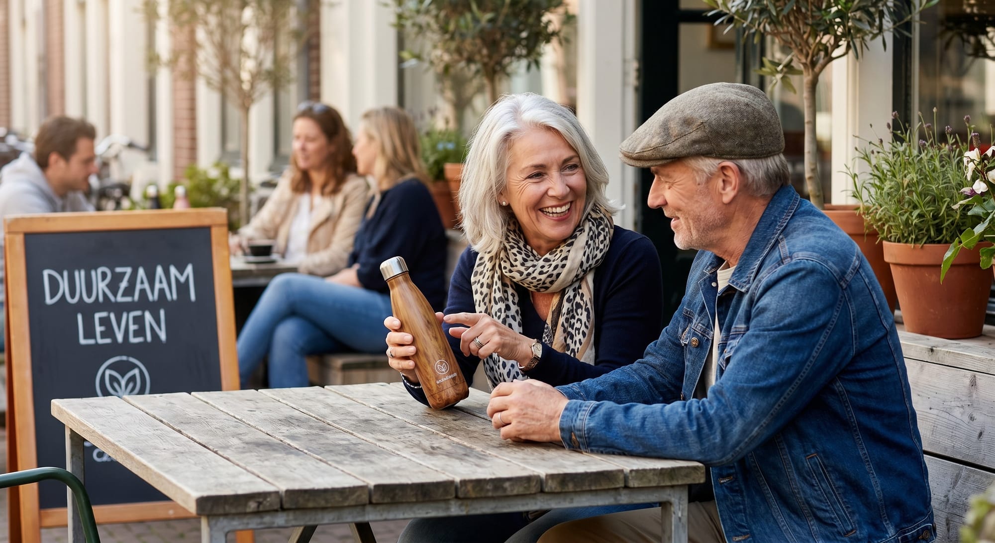 Oudere vrouw en man lachen aan houten terras tafel, fles water tussen hen, bord met 'Duurzaam Leven'