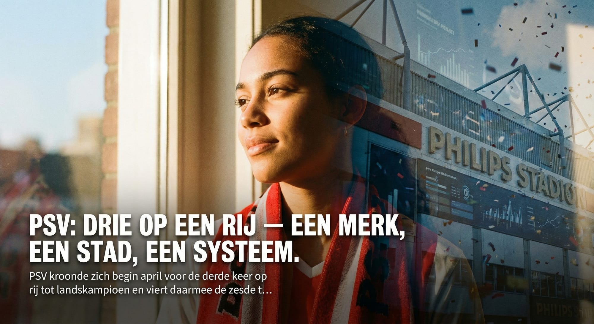 Jonge vrouw in PSV-sjaal kijkt uit raam met reflectie van Philips Stadion en datavisualisaties