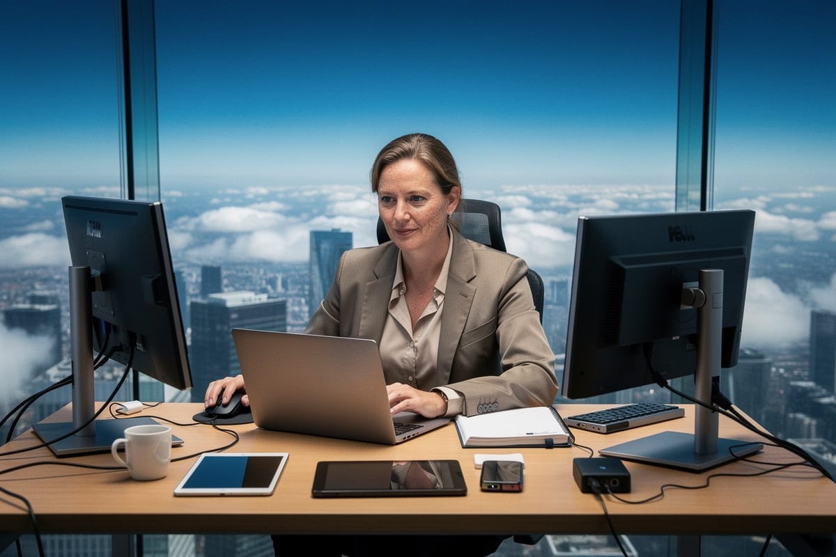 Vrouw in beige pak werkt aan laptop tussen twee computerschermen in kantoor met skyline uitzicht