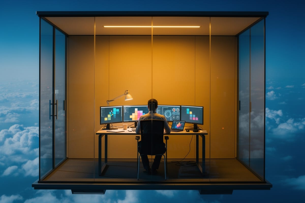 Persoon werkt aan bureau met drie monitoren in glazen box, zwevend tussen wolken in blauwe lucht.