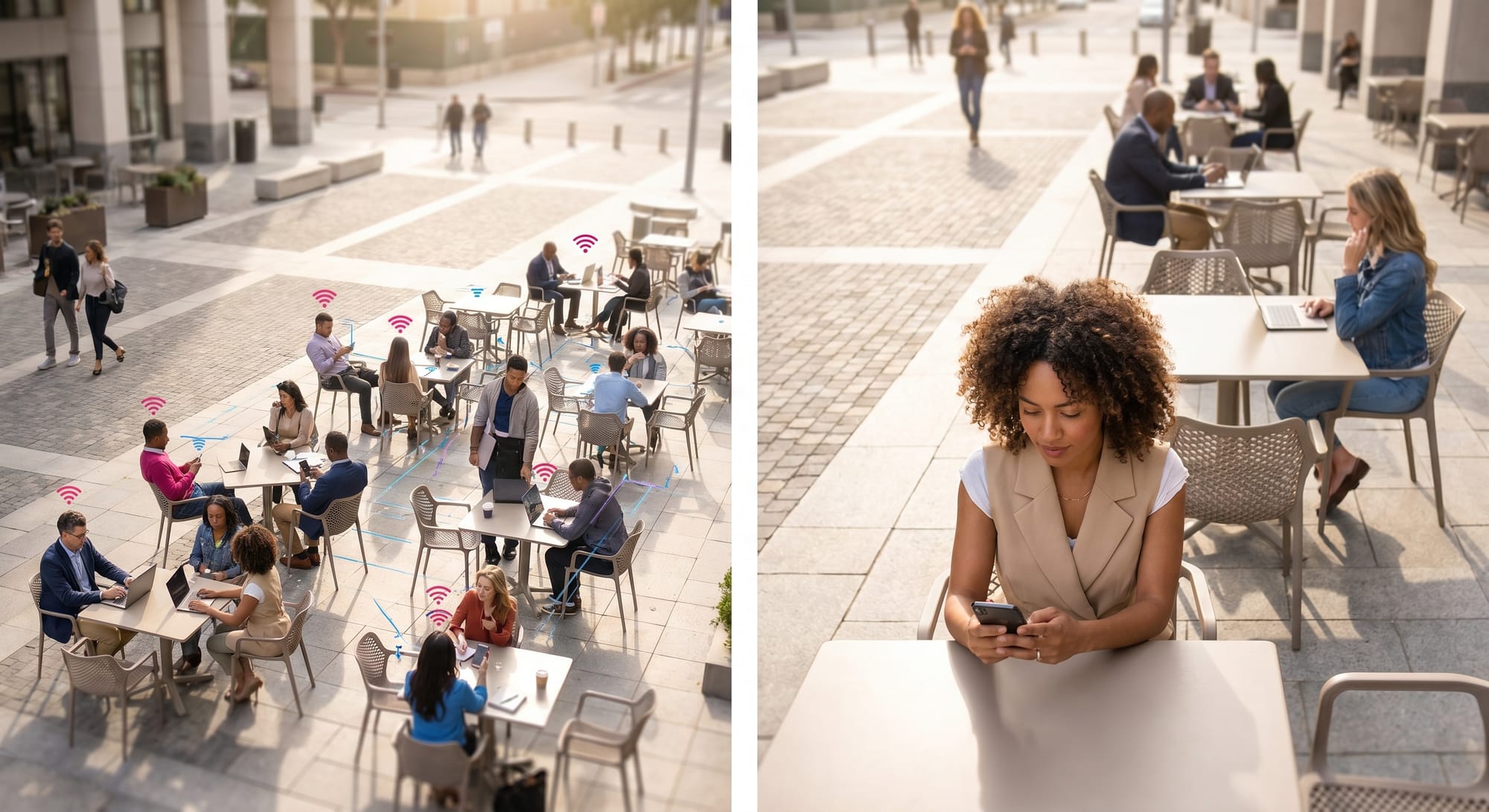 Mensen werken op laptops en smartphones aan tafels op een openbaar plein met WiFi-symbolen overlay