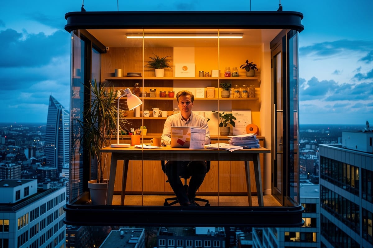 Man werkt 's avonds in verlicht glazen kantoorpod op hoogbouw met stadsgezicht, omringd door papieren en planten.
