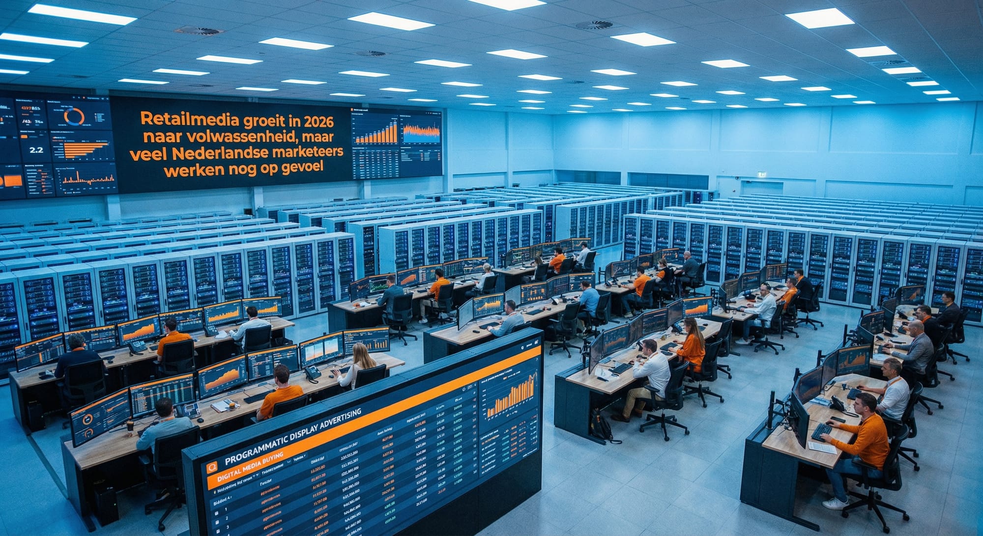 Grote operationele ruimte met rijen werkstations, meerdere monitoren en medewerkers in oranje en blauw kleurschema