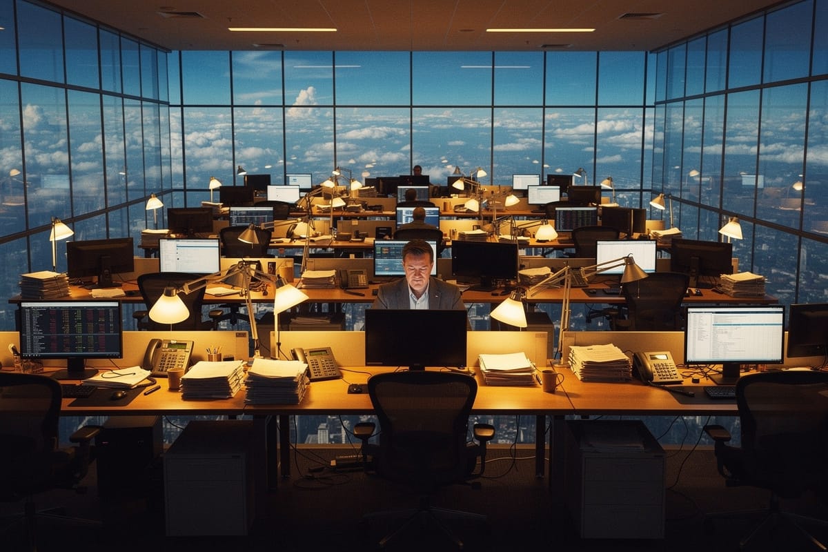 Een man werkt alleen in een groot, leeg kantoor met panoramaramen boven de wolken.