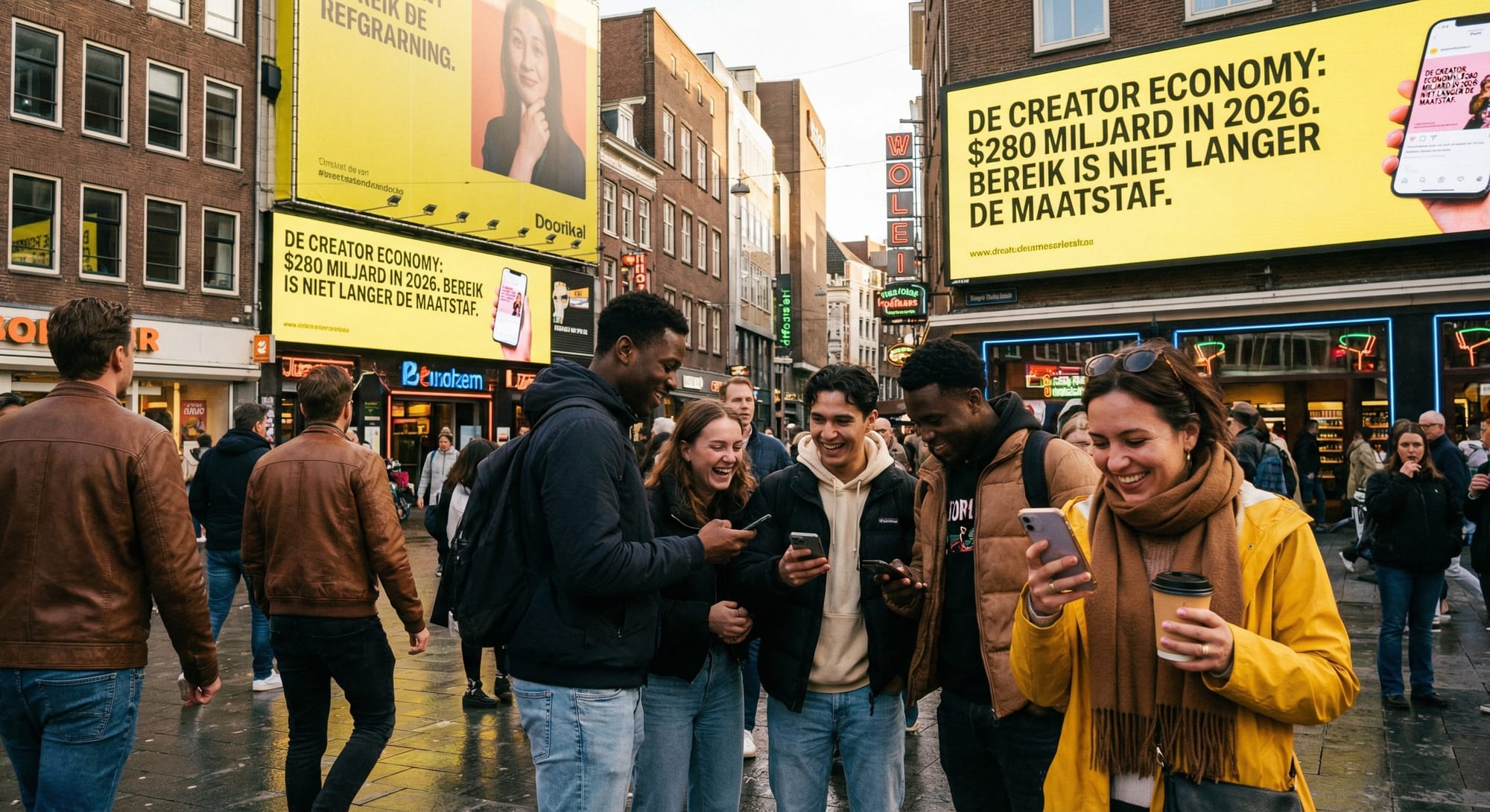 Groep jongeren op drukke straat kijkt lachend naar smartphones, gele reclameborden op achtergrond