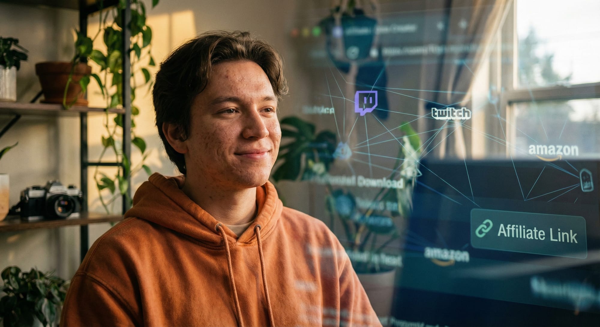 Jongeman in oranje hoodie voor scherm met Twitch-logo, Amazon-logo en tekst 'Affiliate Link'