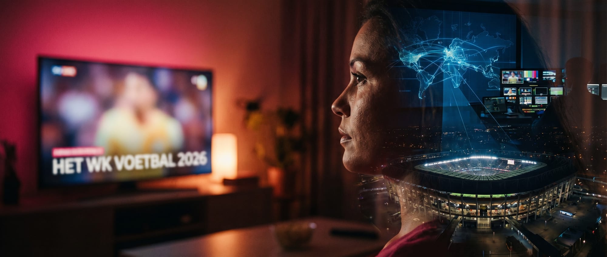 Vrouw kijkt naar scherm met WK Voetbal 2026-uitzending, geprojecteerd voetbalstadion en wereldkaart met datavisualisatie