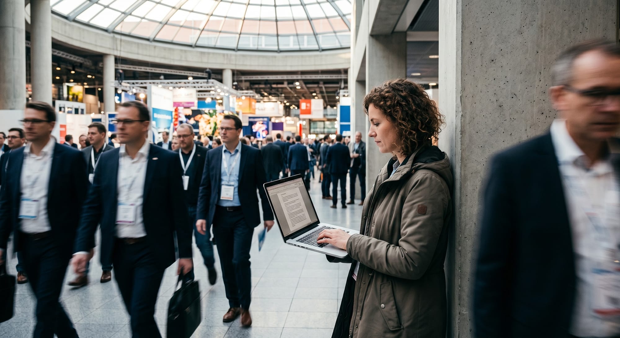 Vrouw met laptop staat stil tegen betonnen pilaar terwijl menigte in pakken voorbijloopt op druk congres