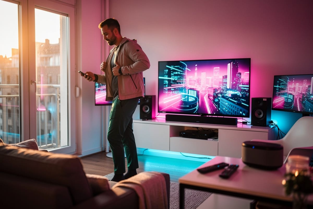 Man met smartphone in moderne woonkamer met meerdere schermen, roze-blauw LED-verlichting en audiosysteem