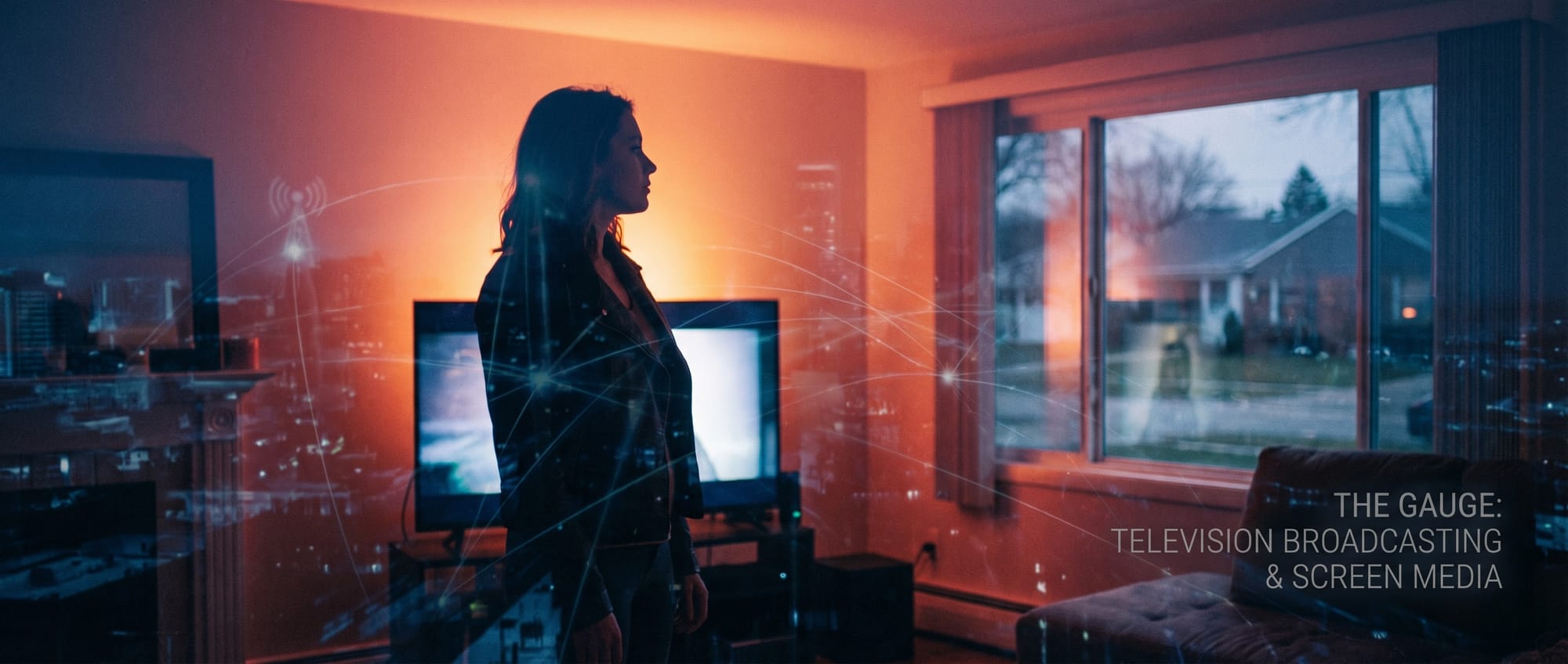 Silhouet van vrouw in woonkamer met digitale netwerklijnen, computerschermen en grote ramen bij zonsondergang