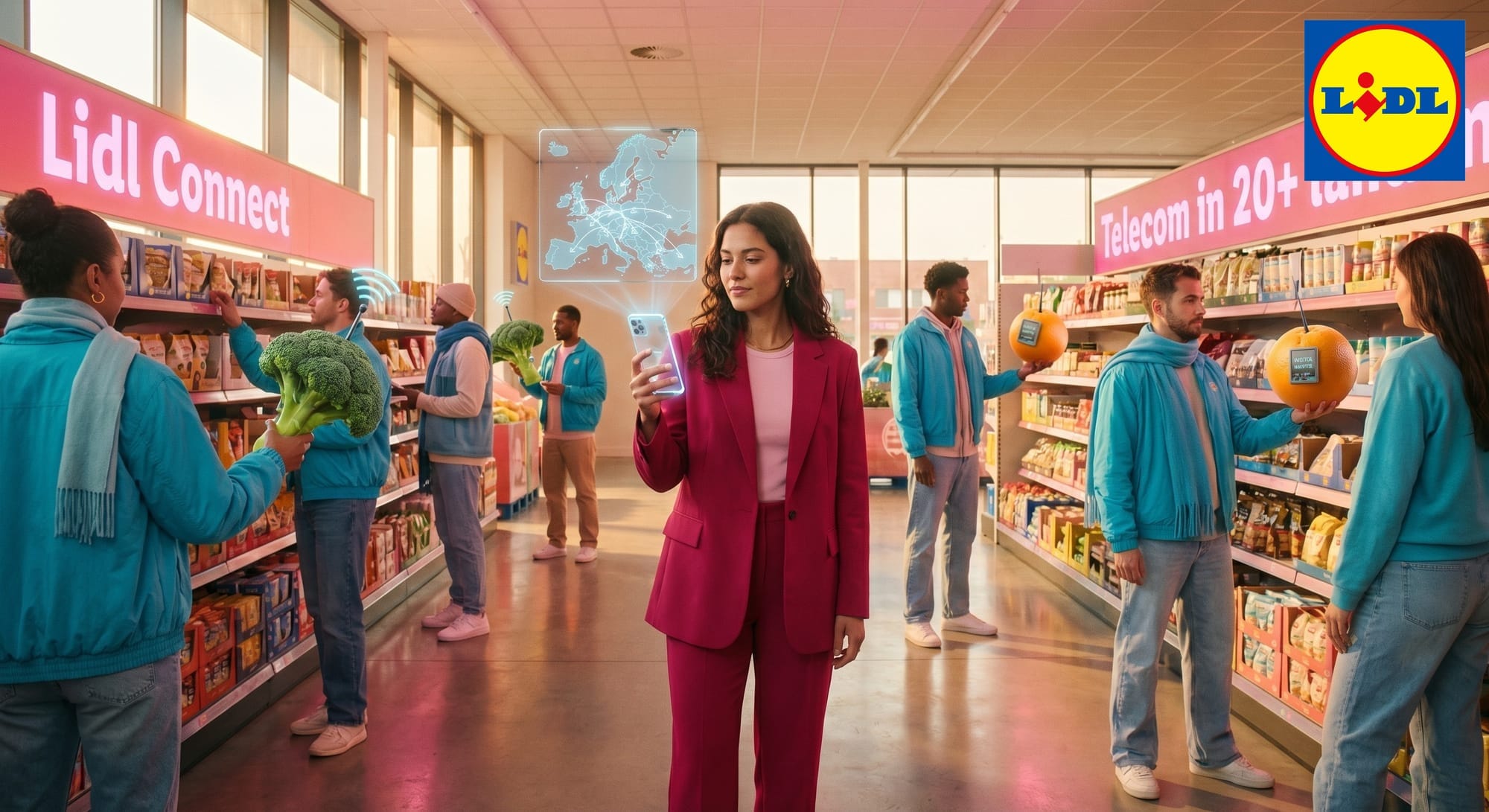 Vrouw in roze pak met smartphone in Lidl-winkel, omringd door mensen in turquoise kleding met groenten en ballen.