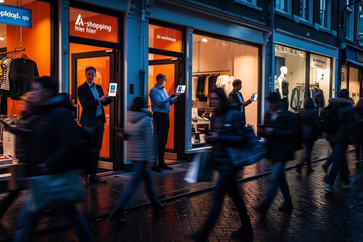 Medewerkers met tablets bij kledingwinkel met oranje verlichting, voetgangers lopen voorbij op straat.