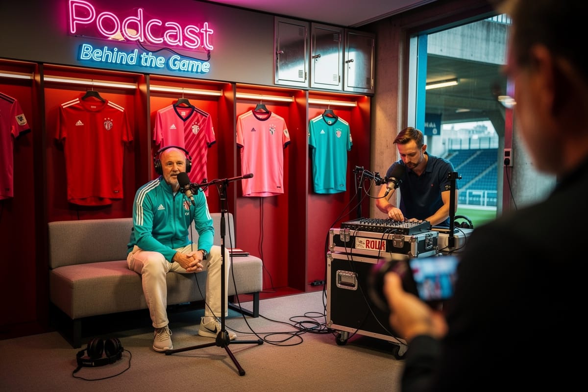 Podcastopname in kleedkamer met man bij microfoon, geluidstechnicus achter mixpaneel, sporttenues op achtergrond