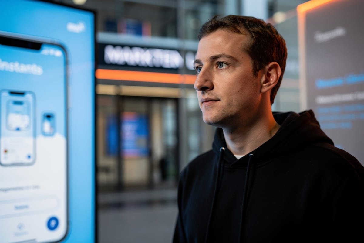 Man in zwarte hoodie kijkt naar scherm met mobiele app-interface in modern kantoor