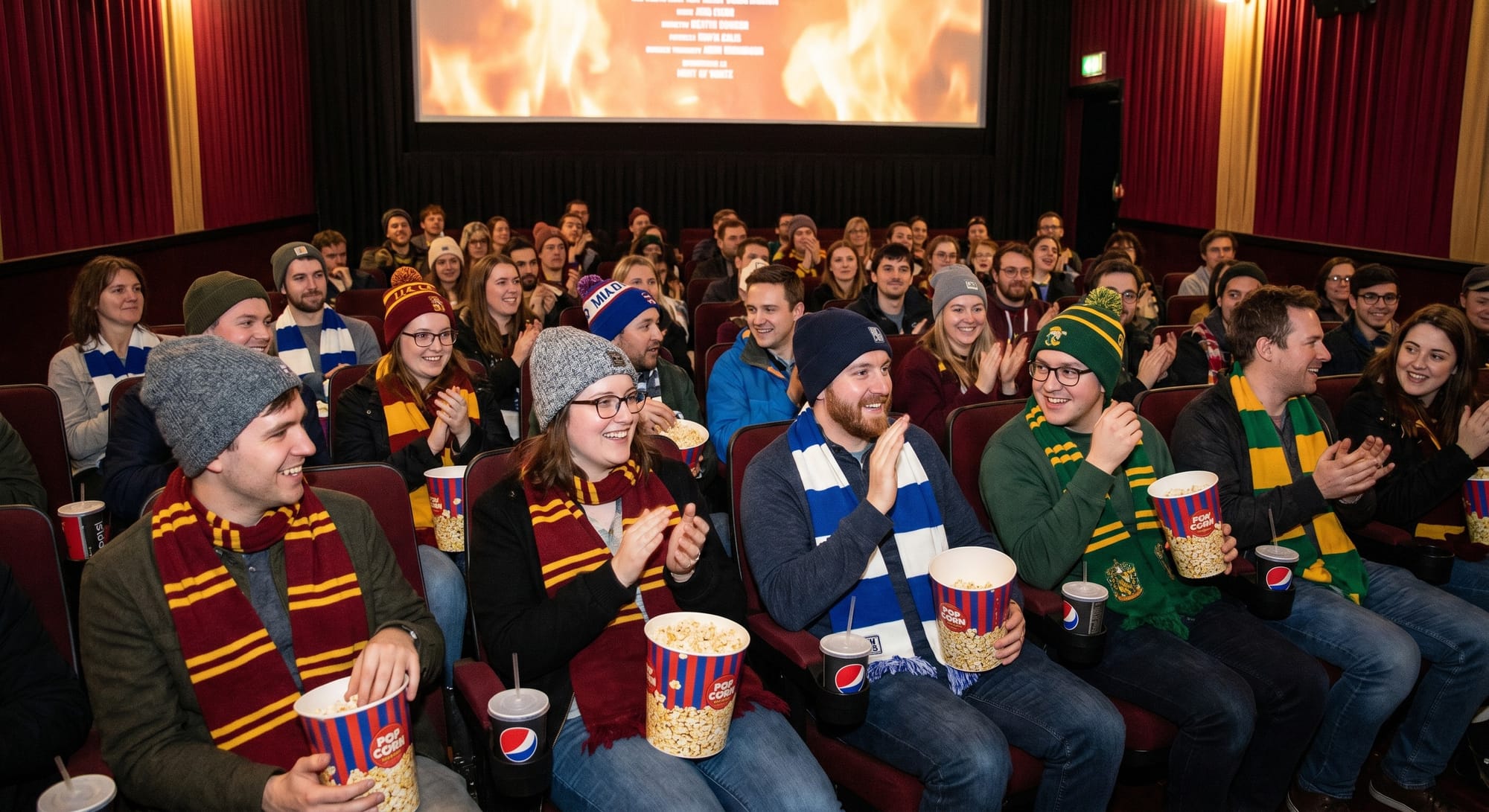 Groep jongeren in filmzaal met popcorn en merchandise-sjaals van verschillende kleuren, applaudisserend en lachend.