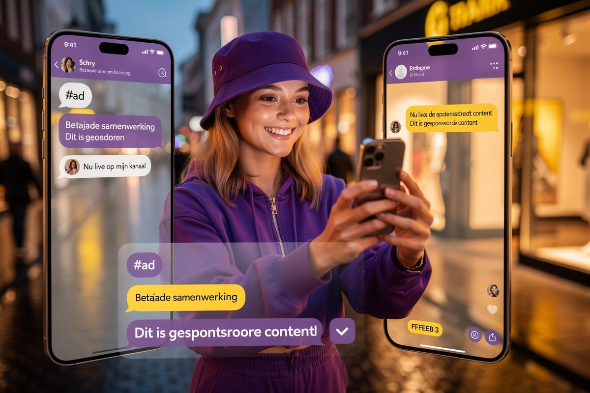 Jonge vrouw in paarse outfit en vissershoed houdt smartphone vast, twee telefoonschermen tonen chatgesprekken met '#ad'