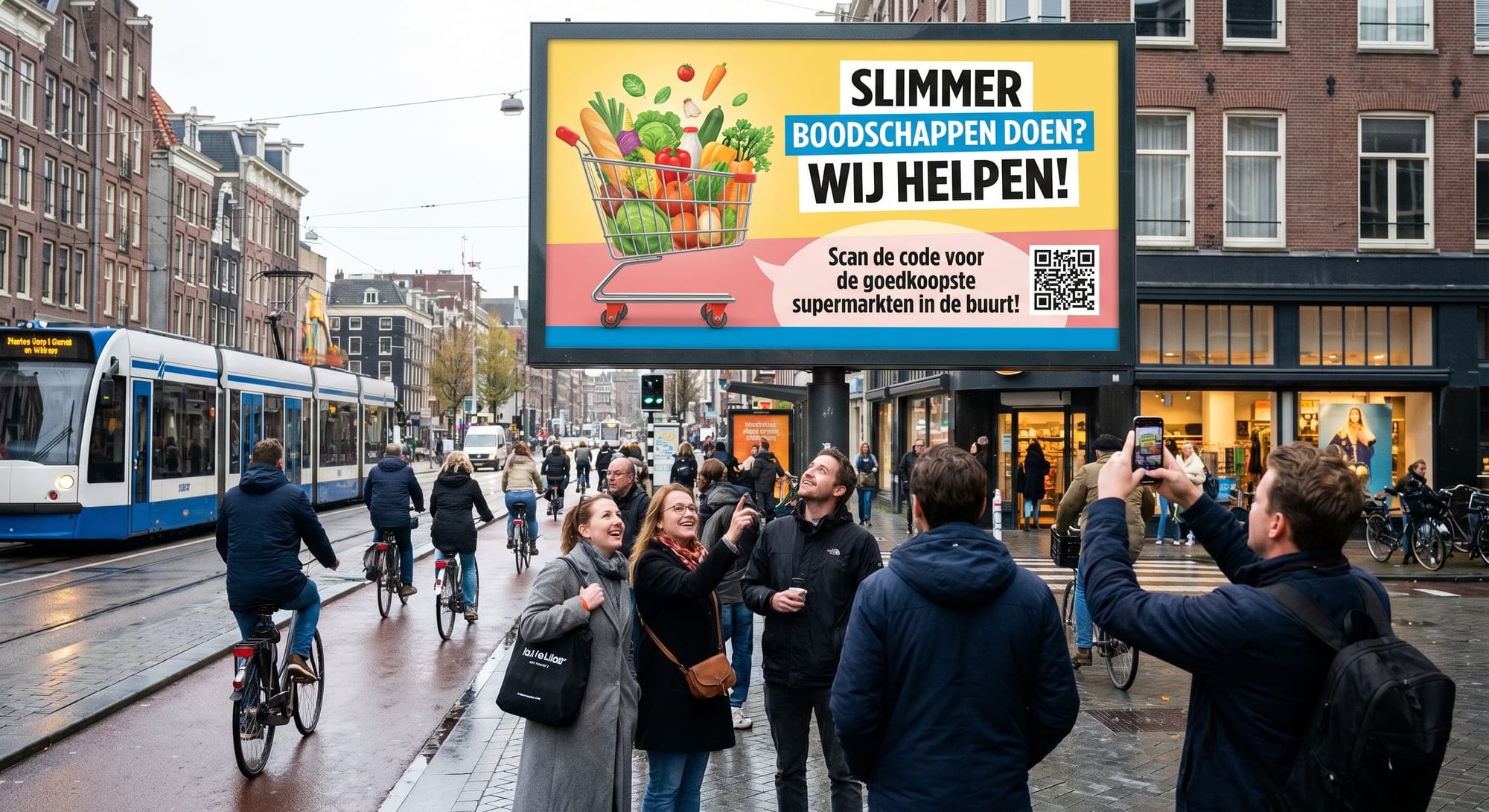 Groep mensen kijkt omhoog naar billboard met winkelwagentje vol groenten en tekst over goedkope supermarkten in Amsterdam straat