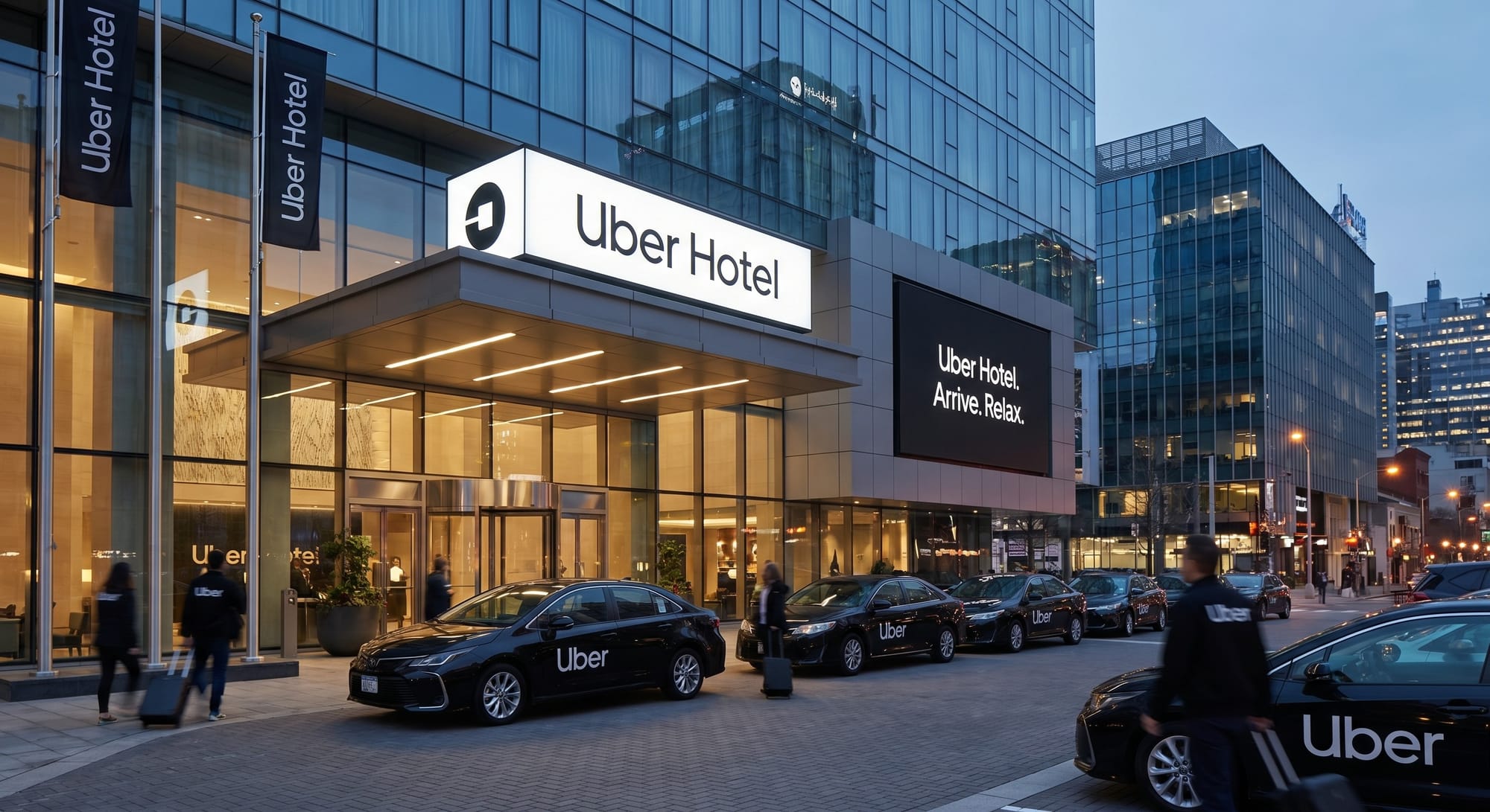 Modern glazen hotelgebouw met Uber Hotel signing, meerdere Uber-auto's geparkeerd voor de ingang bij schemering.